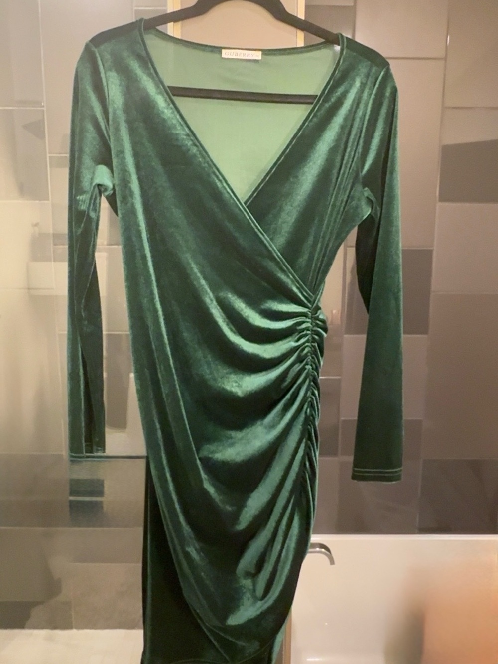 GUBERRY Emerald Green Velvet Ruched Wrap Cocktail Dress Size M